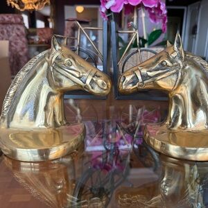 GOld Vintage Brass Horse Head Bookends - Shiny Gold Pair